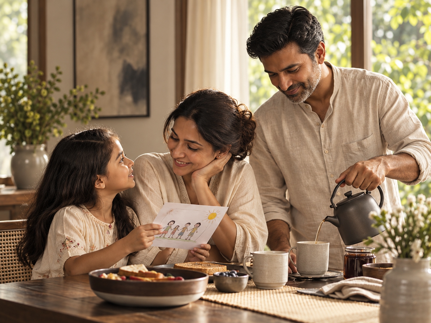 A family at the breakfast table, a child showing a drawing