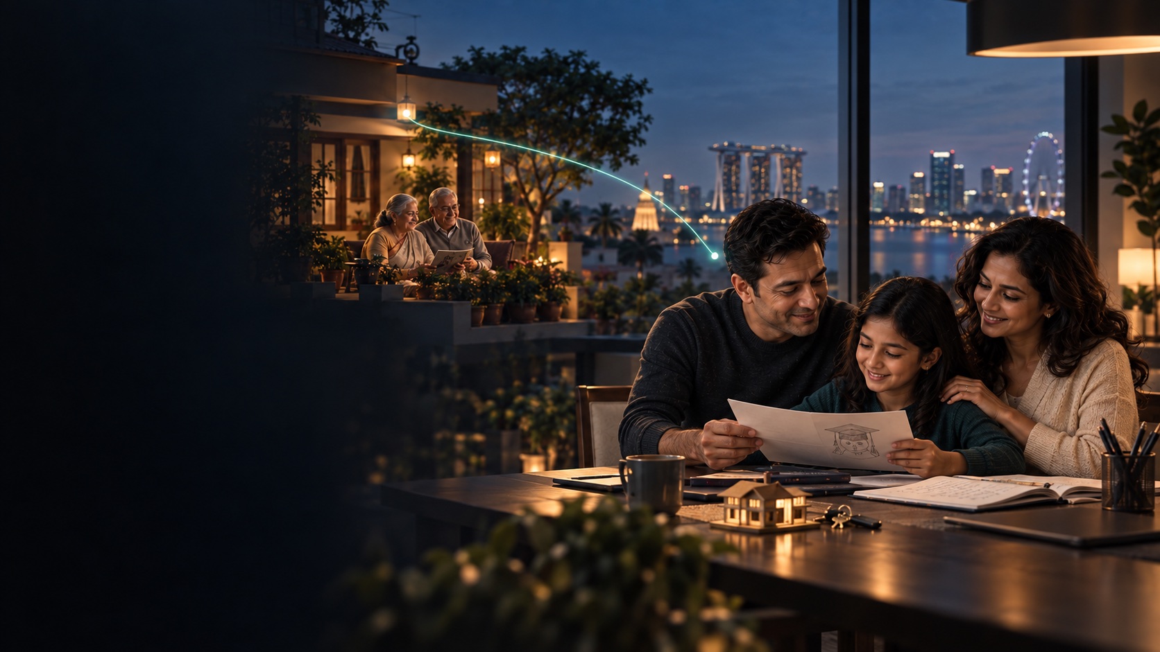 An NRI family together in the evening, connected by one plan to their parents in India, their children's education, their home and the next generation.