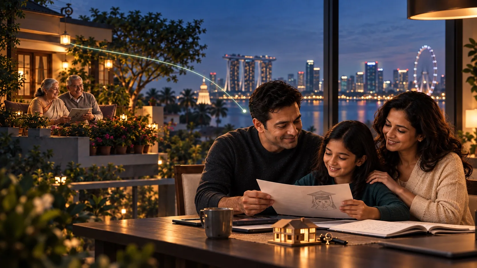 An NRI family together in the evening, connected by one plan to their parents in India, their children's education, their home and the next generation.