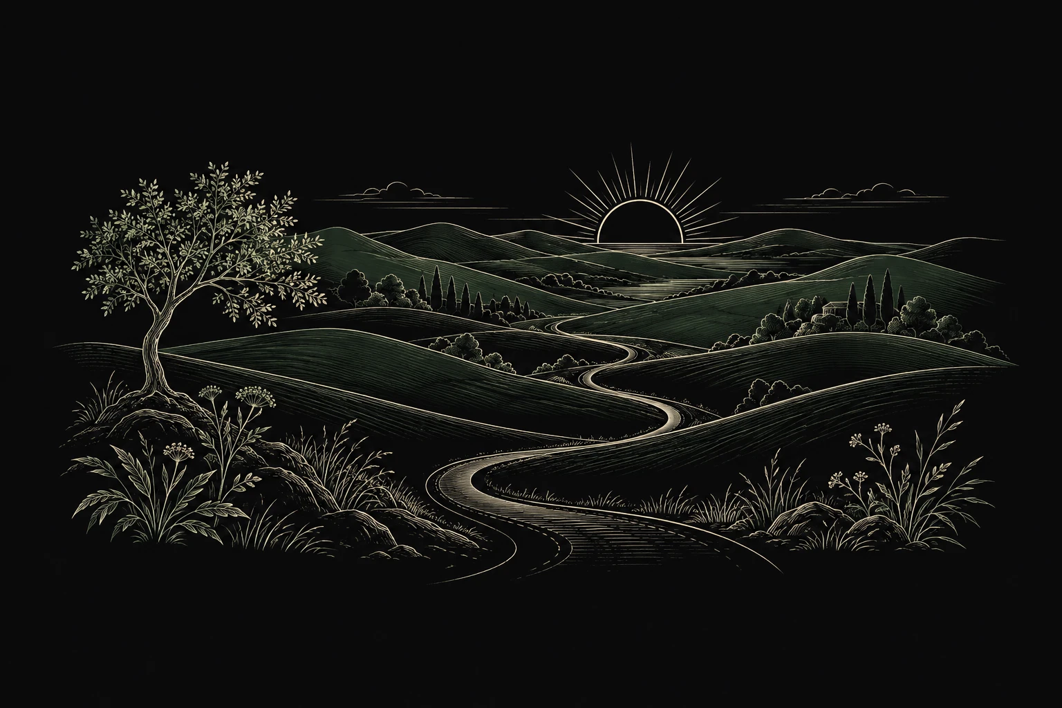 A path winding through hills towards a rising sun